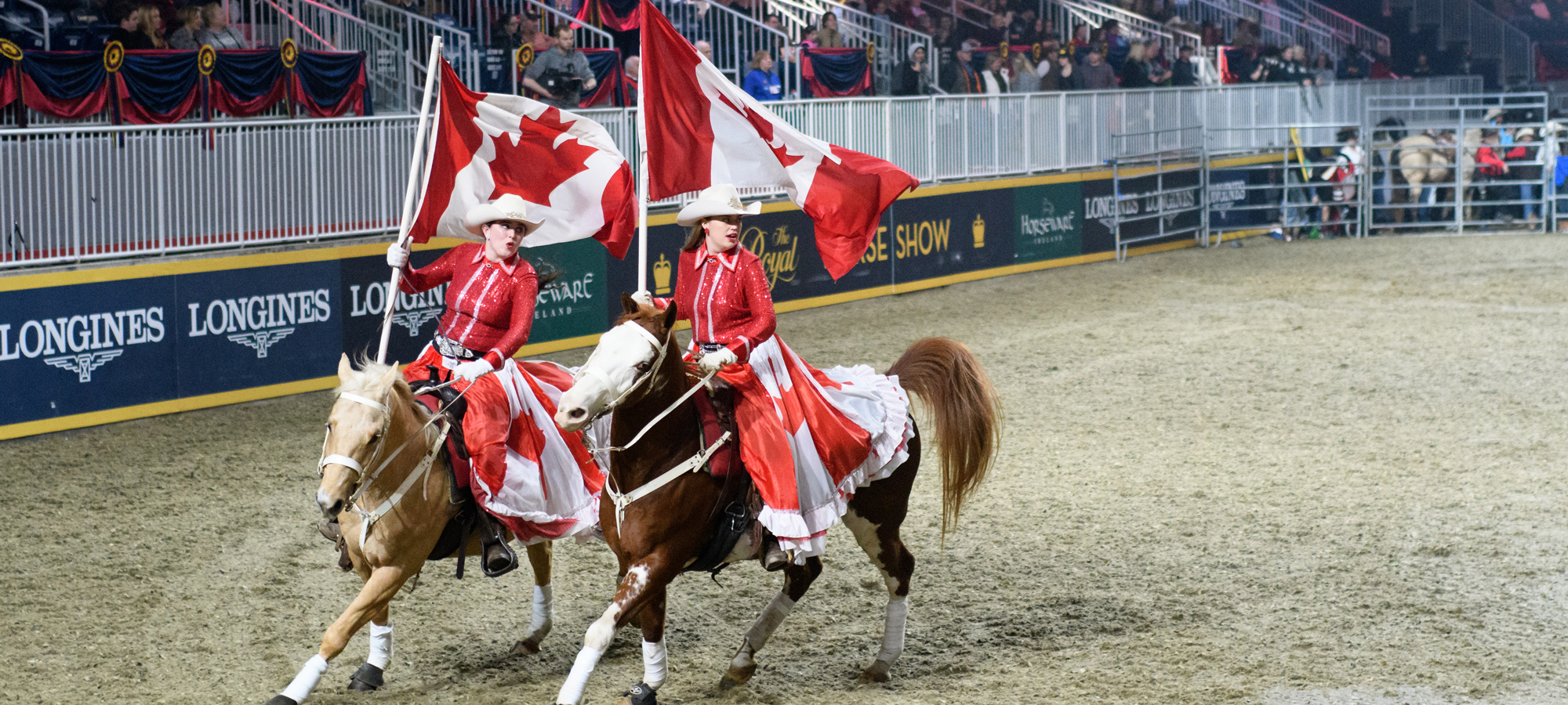 Mounted performers carrying Canadian flags at the Royal Agricultural Winter Fair
